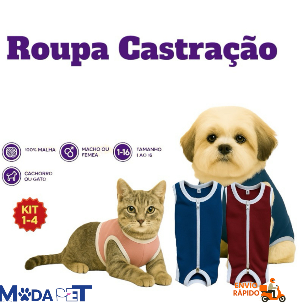 Kit 1-3 Roupa Castração Protetora para cães e gatos pós cirúrgica macho e fêmea - Tamanho 1 ao 16