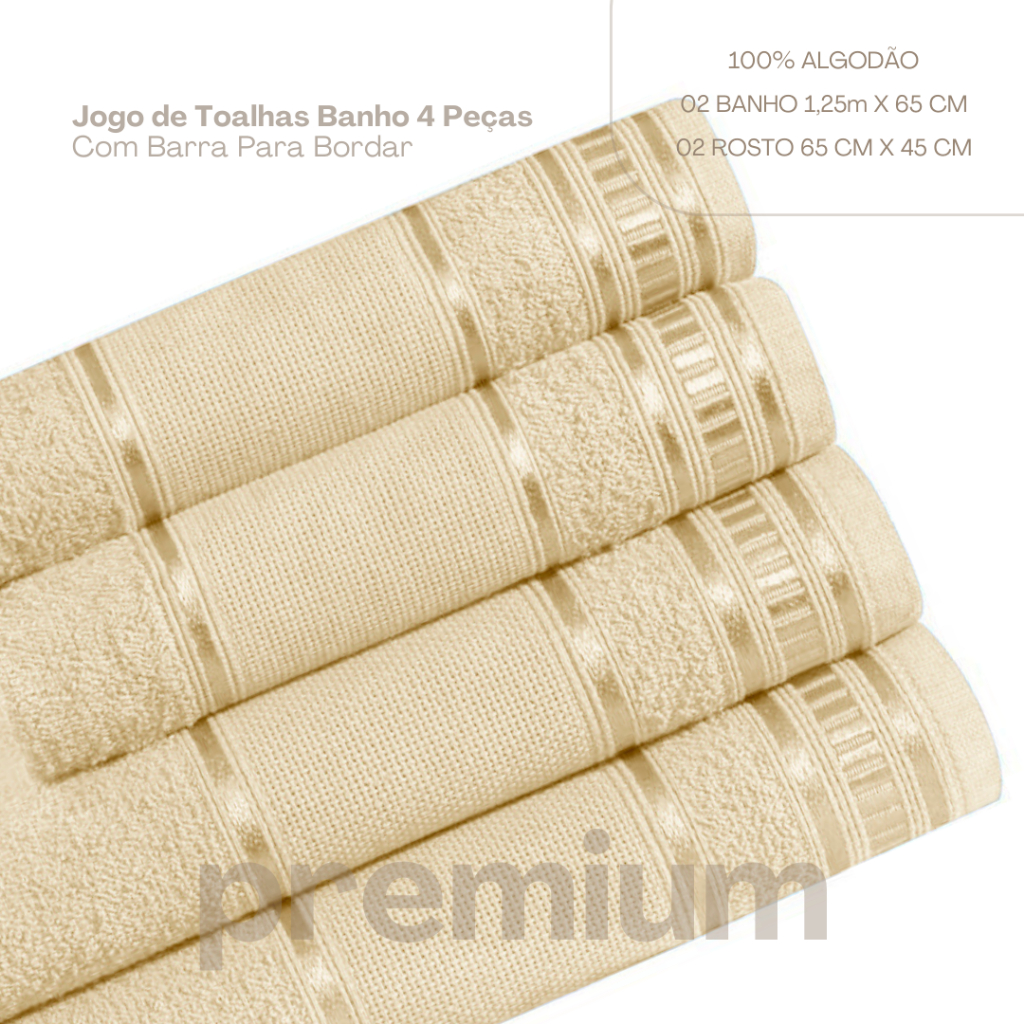 Jogo de Toalha Premium 4 Pçs Banho e Rosto Barra em Etamine Ideal para Bordados