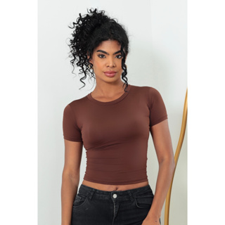 Baby Tee Feminina - Blusa Slim Fit Manga Curta Blusa de Compressão em Oferta na Shopee