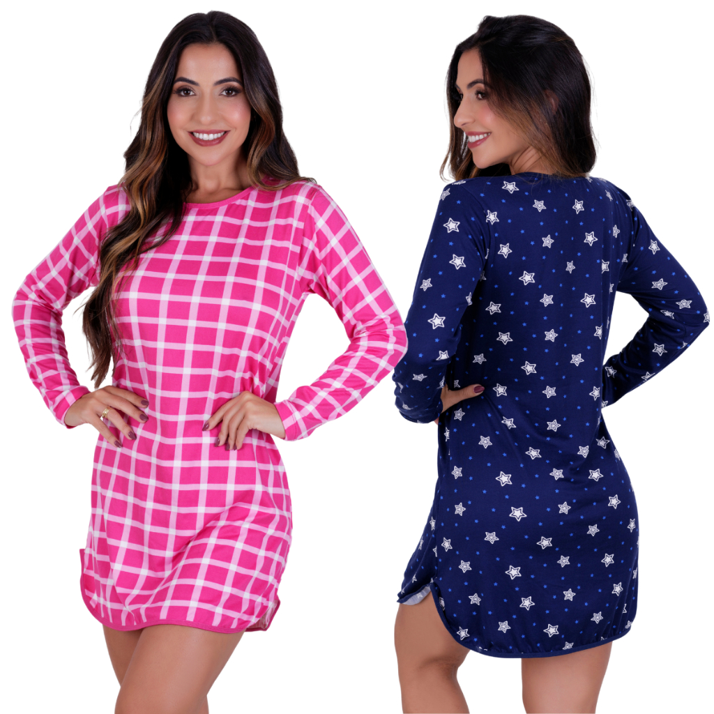 Kit 2 Camisola Virginia Suede manga Longa Noite Inverno Pijama