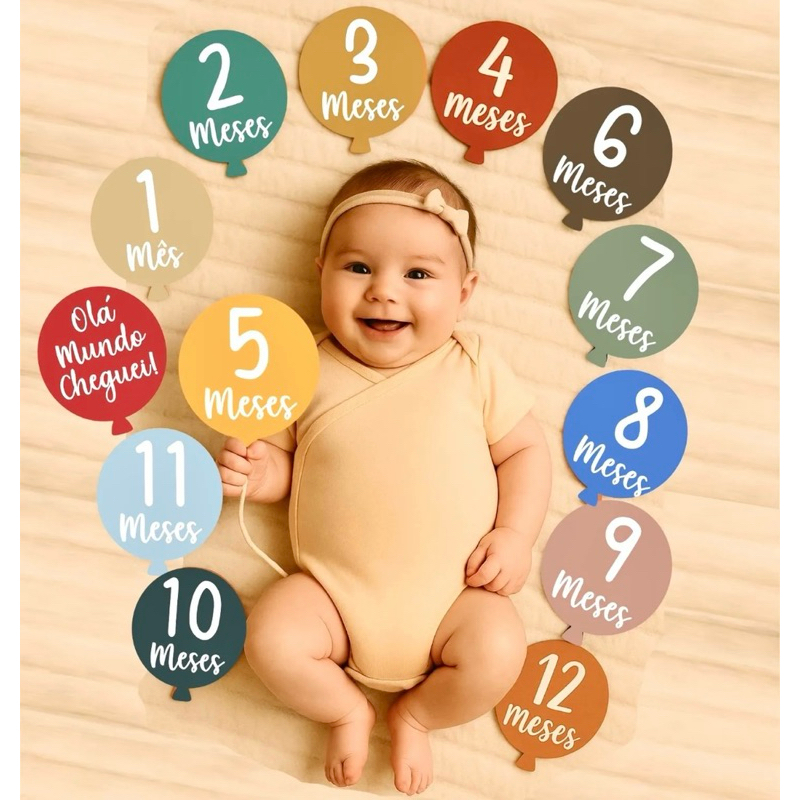 Kit Mesversario 13 balões de MDF Acompanhamento Mensal Bebê Placa Foto