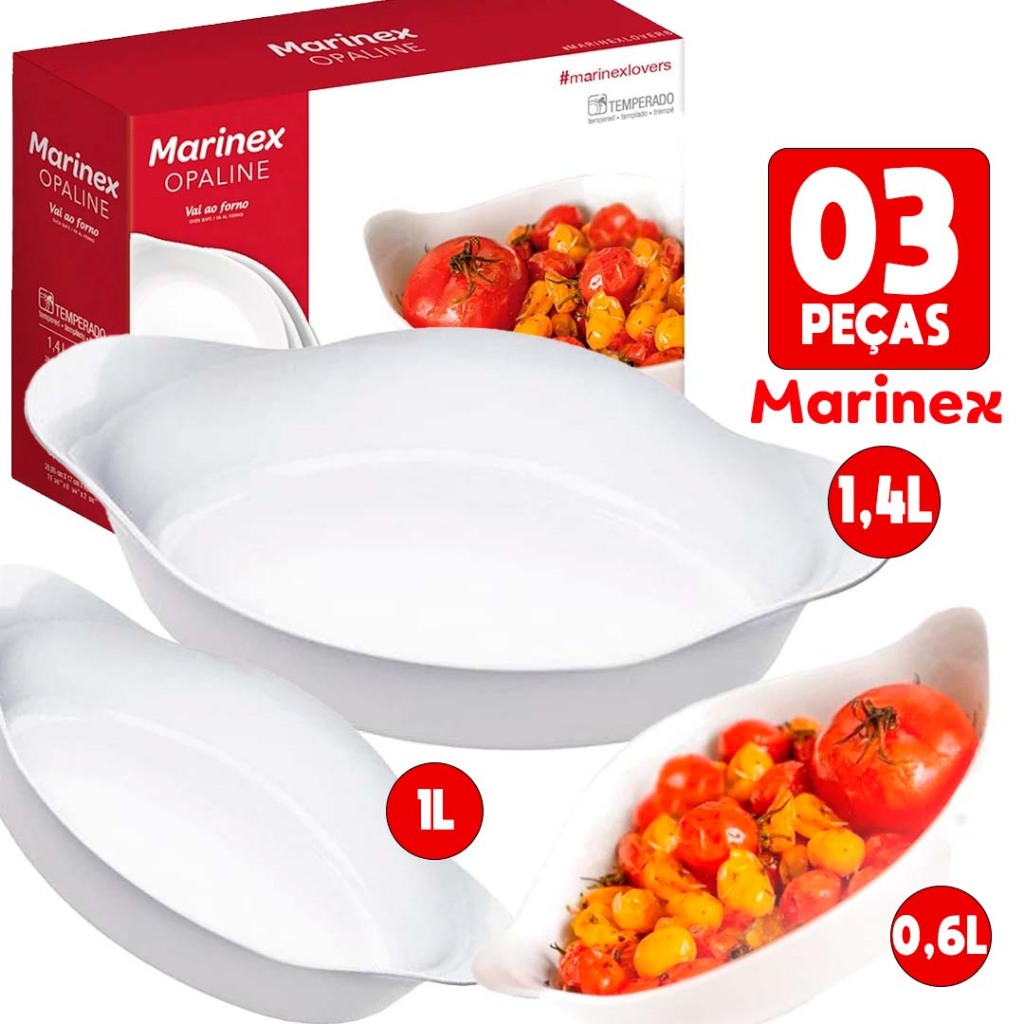 Conjunto Kit 3 Peças Formas Opaline Oval Jogo de Assadeira Vidro Branco Marinex PMG