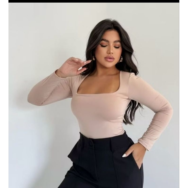 blusa feminina baby lok com decote quadrado manga longa tendencia no inverno em Oferta na Shopee