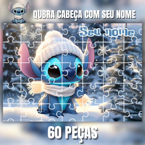 Quebra Cabeça Personalizado Stitch Inverno 60 e 40 Peças MDF Nome Personalizado