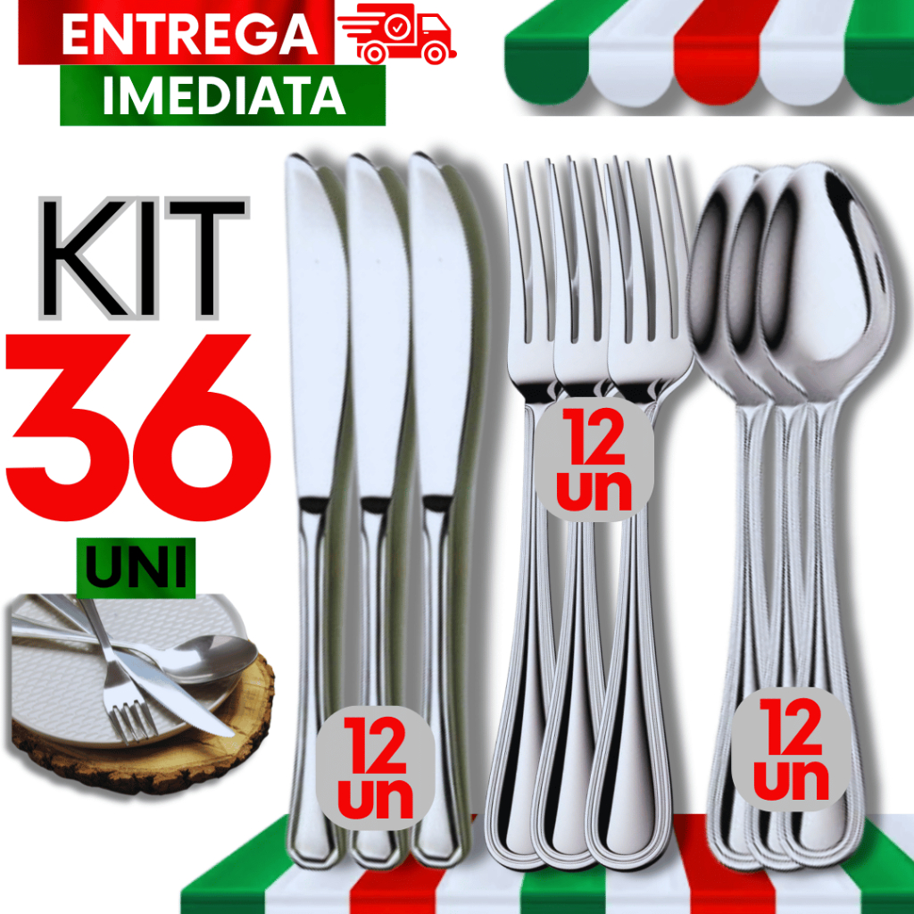 Jogo KIT 36 Peças - 12 Garfo 12 Faca e 12 Colher Cozinha Aço Inox Premium Restaurante Buffet Bar em Oferta na Shopee