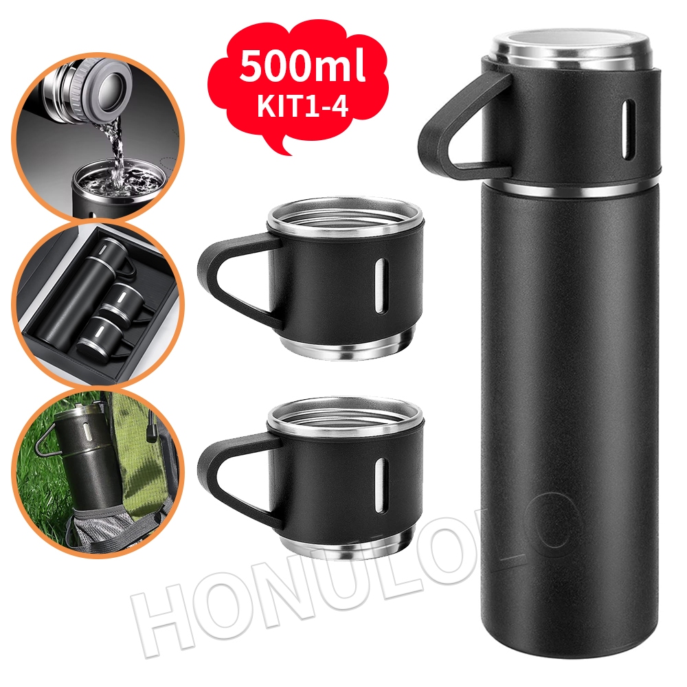 KIT1~KIT4 Caneca Kit Garrafa Térmica Vacuum Bottle Inox + 3 Xícaras Bebidas Fria ou Quente...