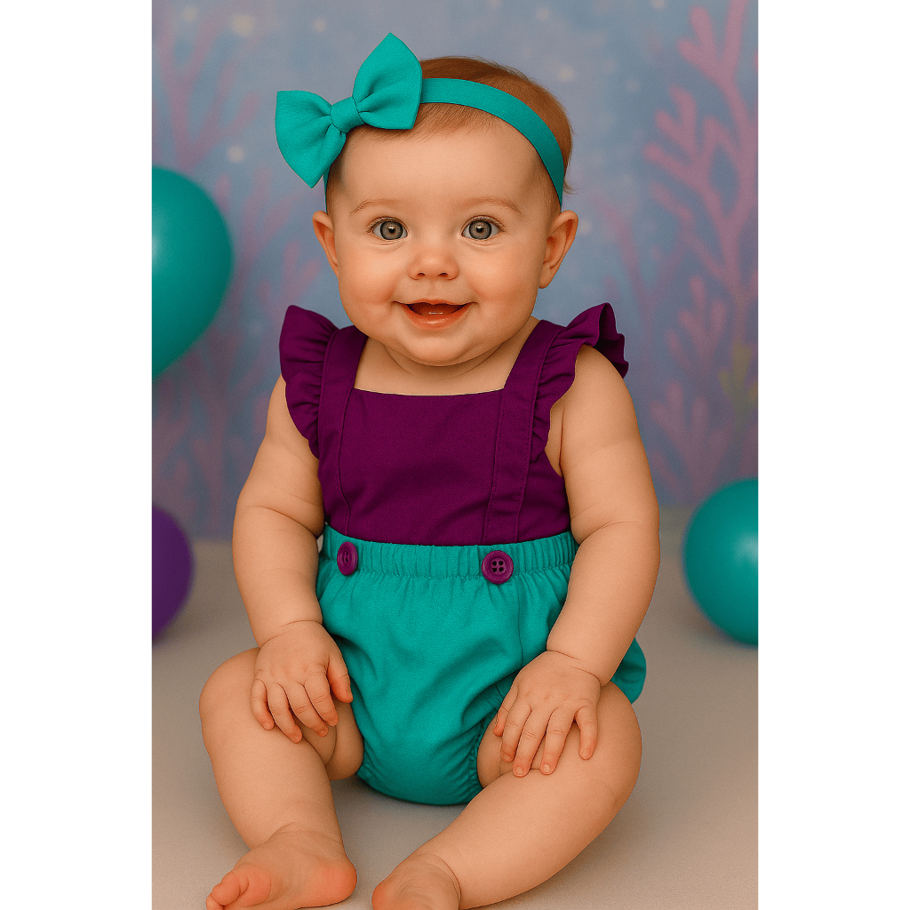 Jardineira Fantasia Sereia Bebê Menina Infantil Temática Fundo Do Mar Conjunto Babado Ariel Sereia