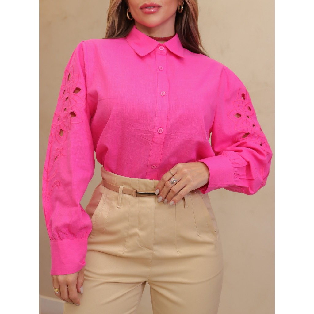 Camisa feminina de linho com detalhe de bordado na manga de flor/YW222-18 em Oferta na Shopee