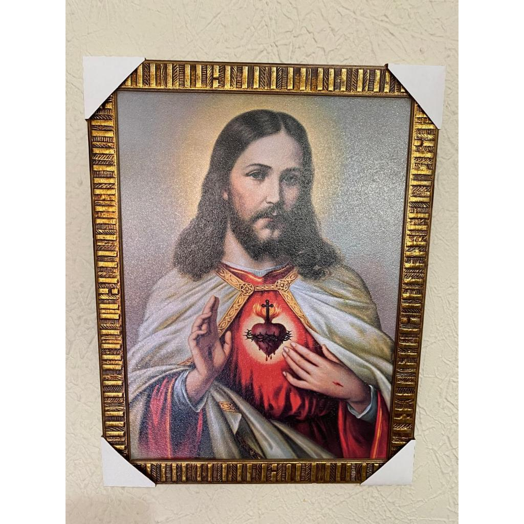 QUADRO SAGRADO CORAÇÃO DE JESUS 30X40 MOLDURA DOURADA COM FRIZOS