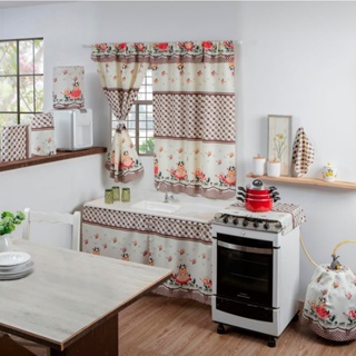 Kit 8 Peças Jogo De Cozinha Estampado Completo Com Cortina Pia Janela em Oferta na Shopee