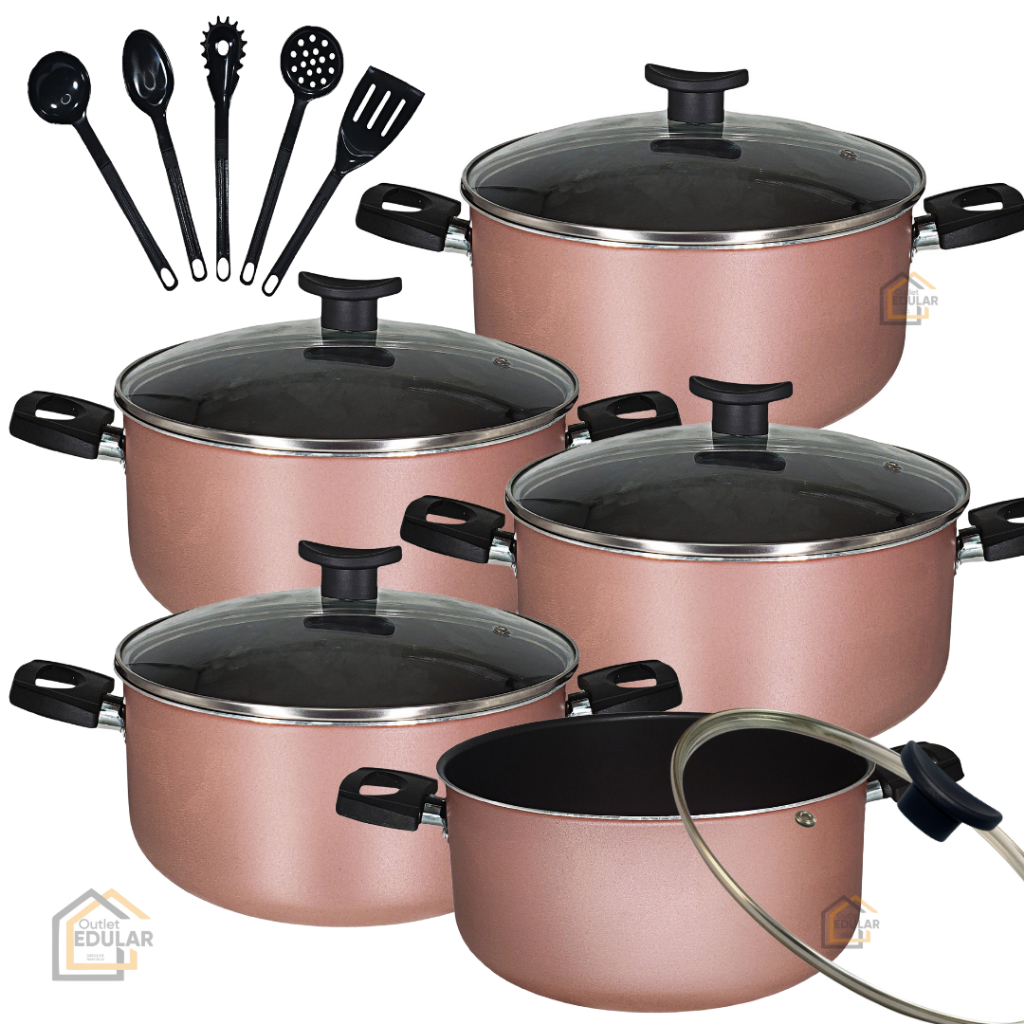 Jogo Conjunto Panelas Caçarolas 10 peças Antiaderente Teflon Tampa de Vidro e Utensílios Nylon