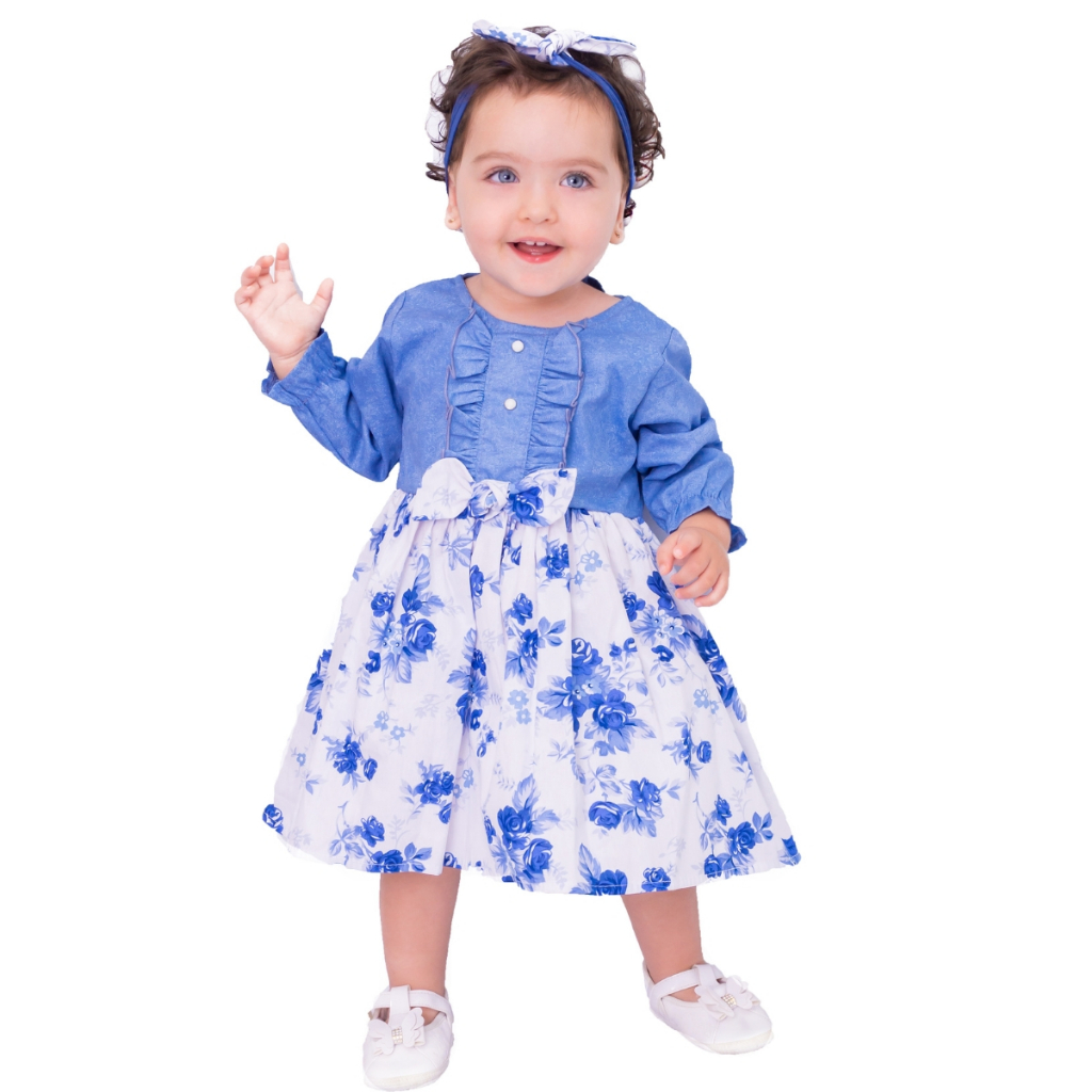 Vestido De Bebê Menina Floral Azul Manga Longa Luxo 100% Algodão Mundo Nina
