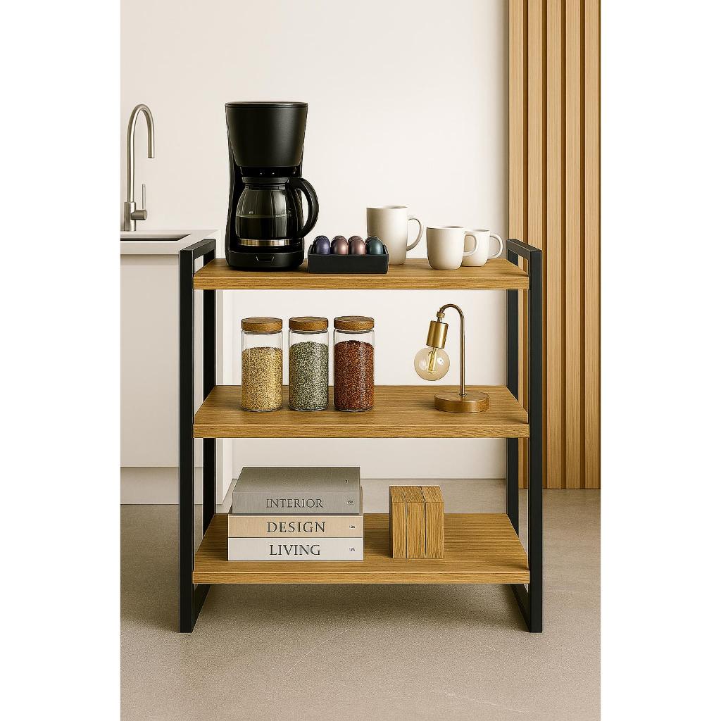 Aparador para Cantinho do Café / Bar - 3 Prateleiras em MDP e Estrutura em Metalon Estilo Industrial em Oferta na Shopee