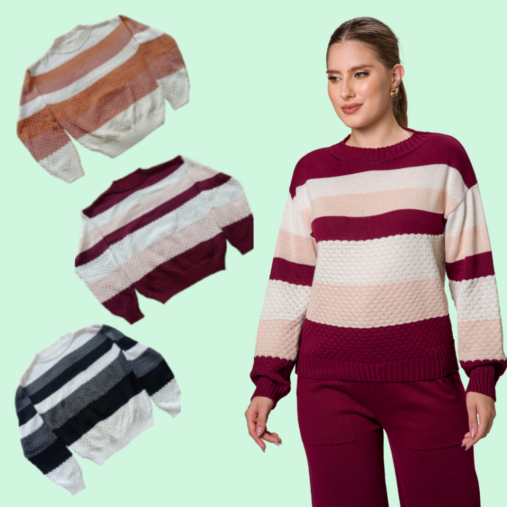 Blusa de TRICOT Feminina Listrada Tricolor, Fio Grosso para Outono/Inverno, Mulher Elegante