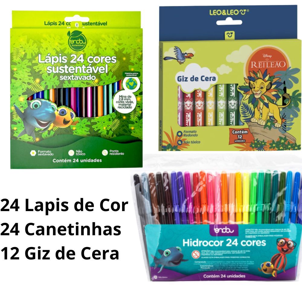 kit Lápis de Cor 24 Cores + Canetinha + Giz 12 Cores - Caneta Hidrográfica 24 cores