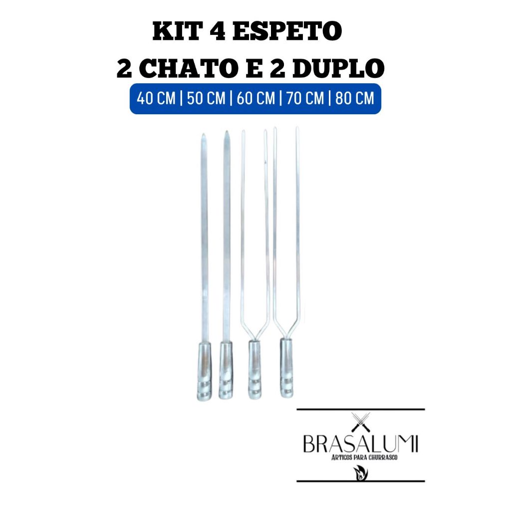 KIT 4 ESPETOS DE ALUMÍNIO para churrasco (2DUPLO E 2 CHATO)