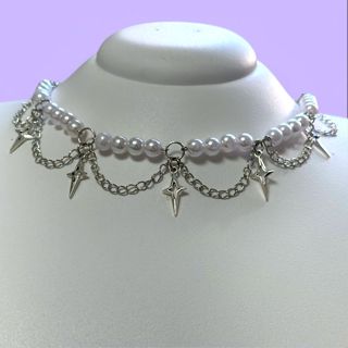 Gargantilha 4 Pérolas Brancas Pingente de Cristal - Colar de Estrela 4 Pontas Com Pérolas Brancas em Oferta na Shopee