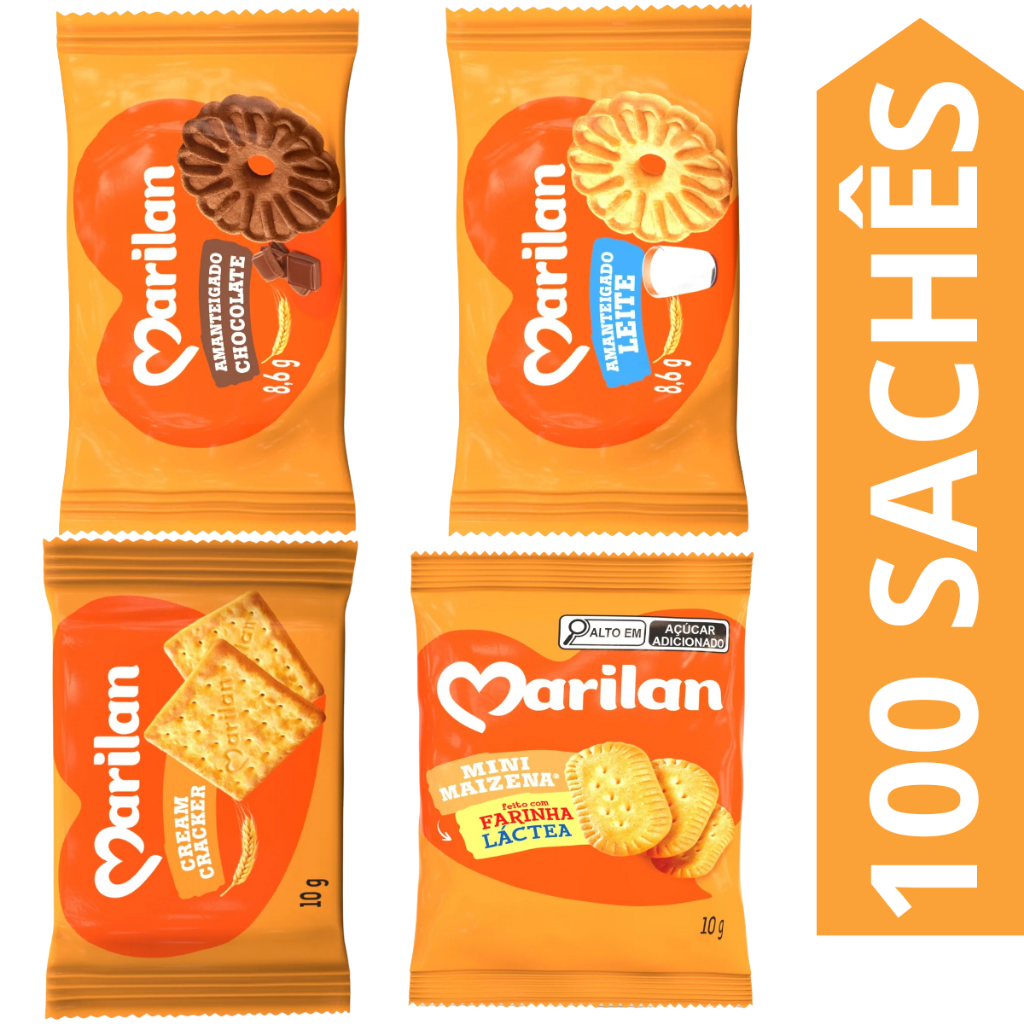 Kit 100 Sachês Biscoito Marilan Sabores Chocolate, Leite, Mini Maizena, Cream Cracker em Oferta na Shopee