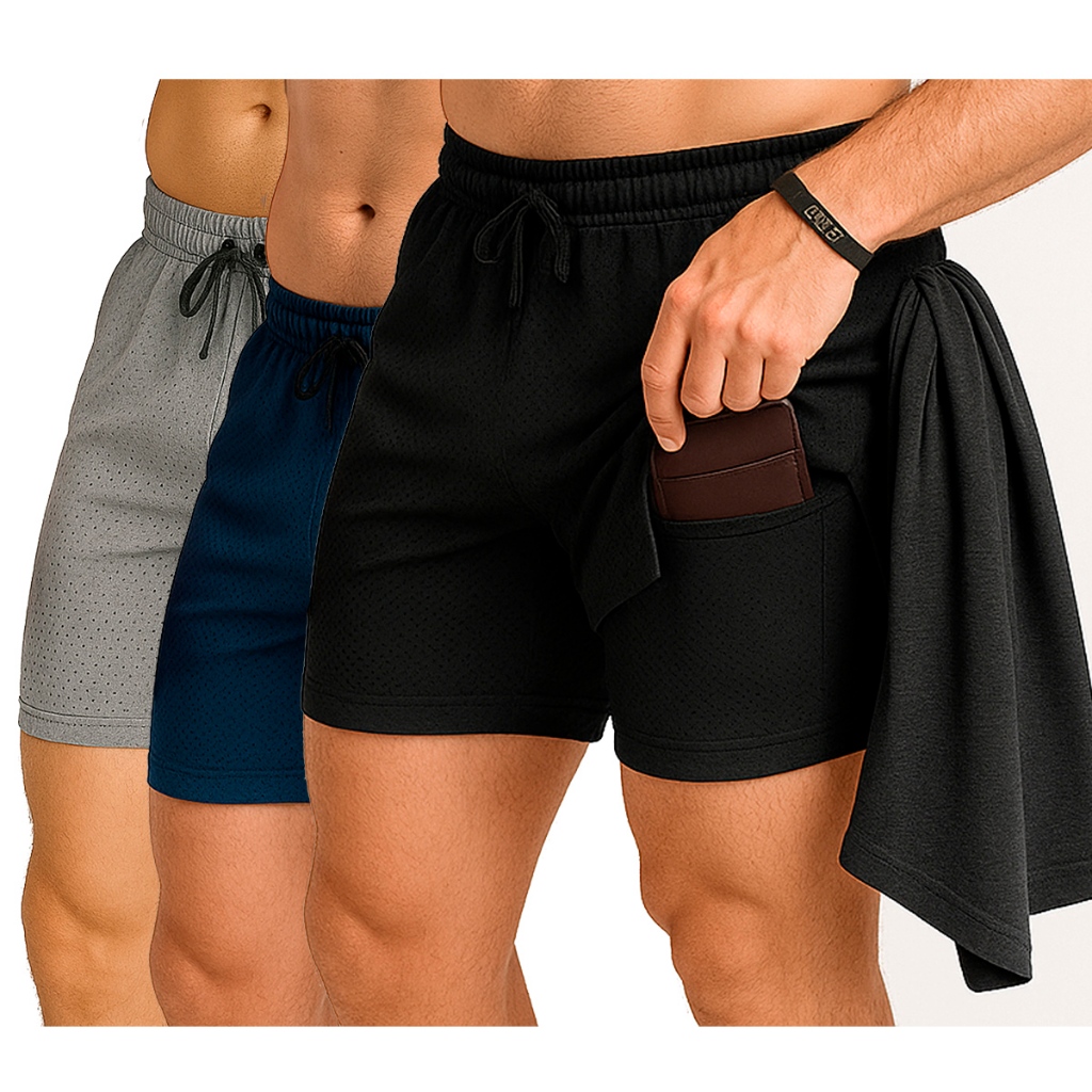 KIT 3 SHORT 2EM1 MASCULINO DUPLO BERMUDA TREINO, ACADEMIA, CORRIDA ESPORTIVO DRYFIT COM PROTEÇÃO UV