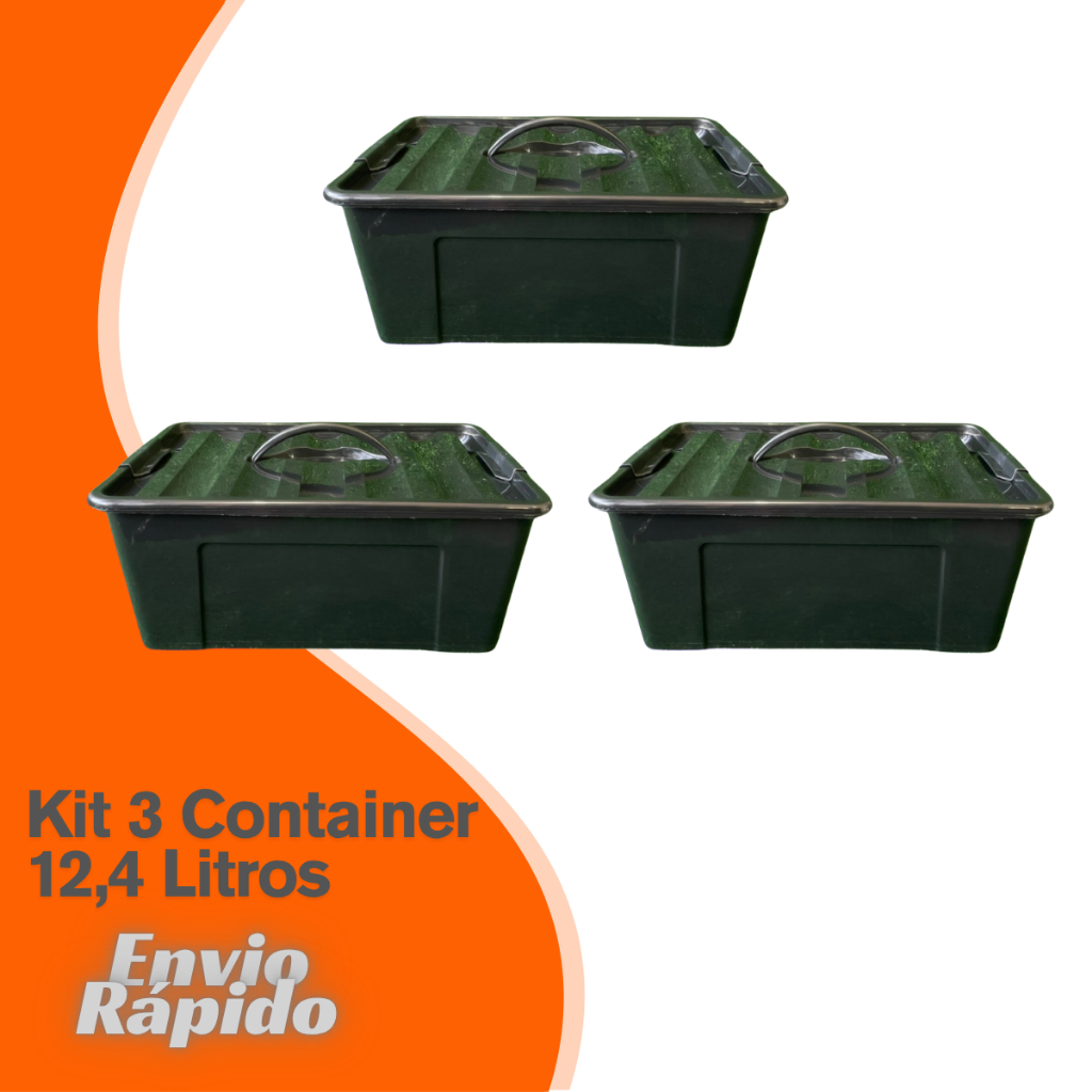 Kit 3 X Caixa Container Organizadora 12,4 Litros Cesto Plástico Resistente Multiuso Com Tampa Alça Trava Maleta Grande