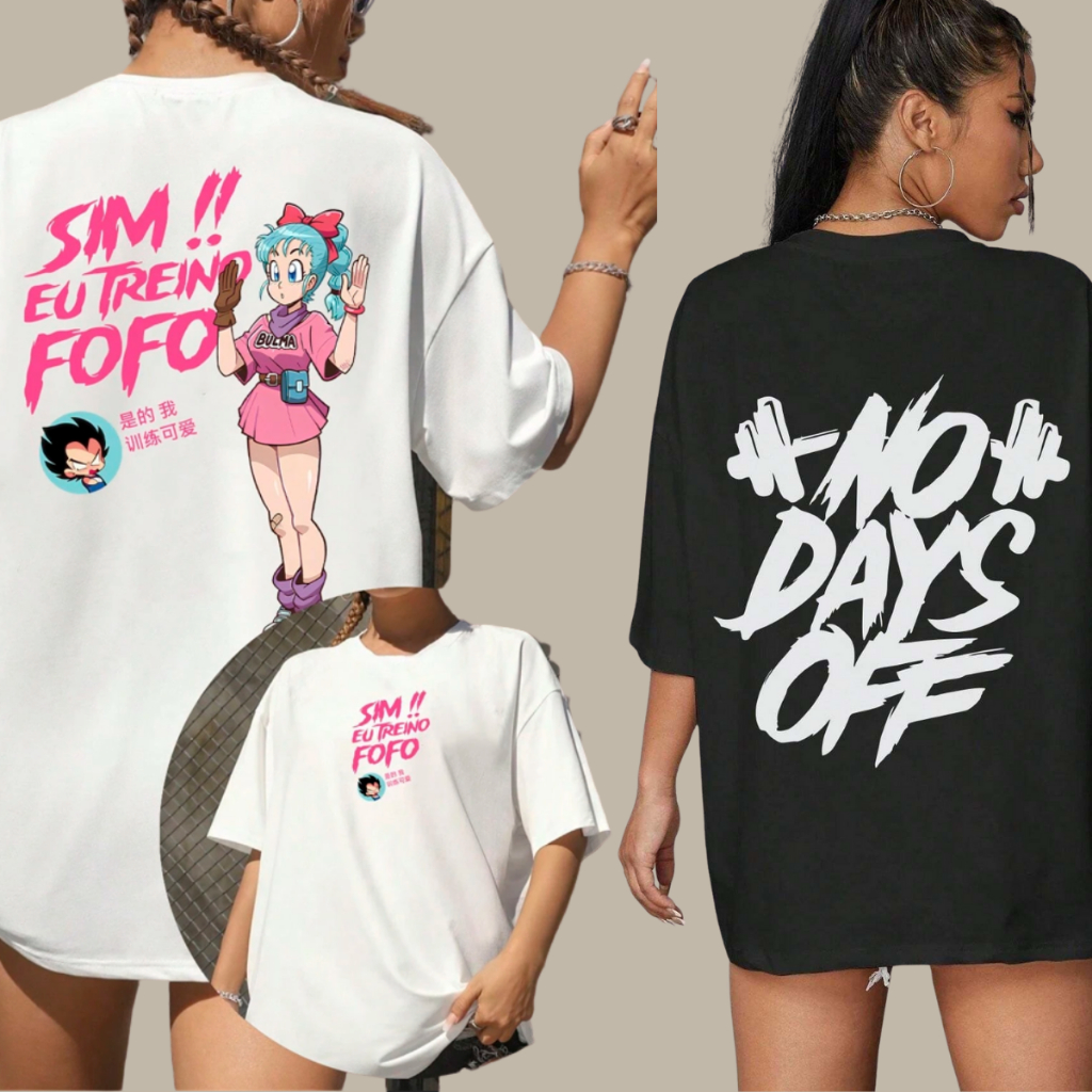 Kit 2 Camiseta Oversized de Academia Conjunto de Blusa Feminina Larga Algodão Estampada Frente e Costas