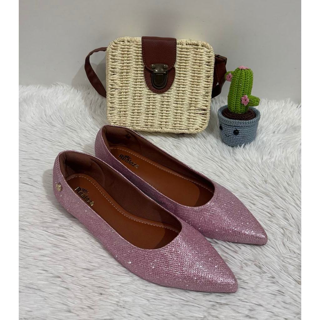 Sapatilha Feminina Bico Fino Alongado Gliter Rosa Luxo Festas Casamentos