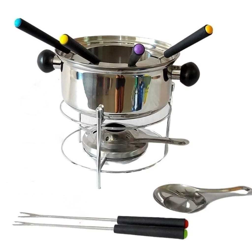 Conjunto Fondue Inox 10 Peças 1L Para Chocolate Queijo Com Fogareiro Alcool Gel