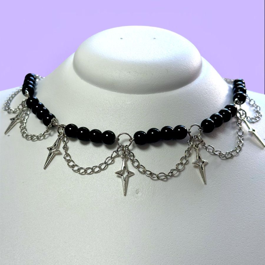 Gargantilha 4 Pérolas Preta Pingente de Cristal - Colar de Estrelas 4 Pontas de Pérolas Pretas em Oferta na Shopee