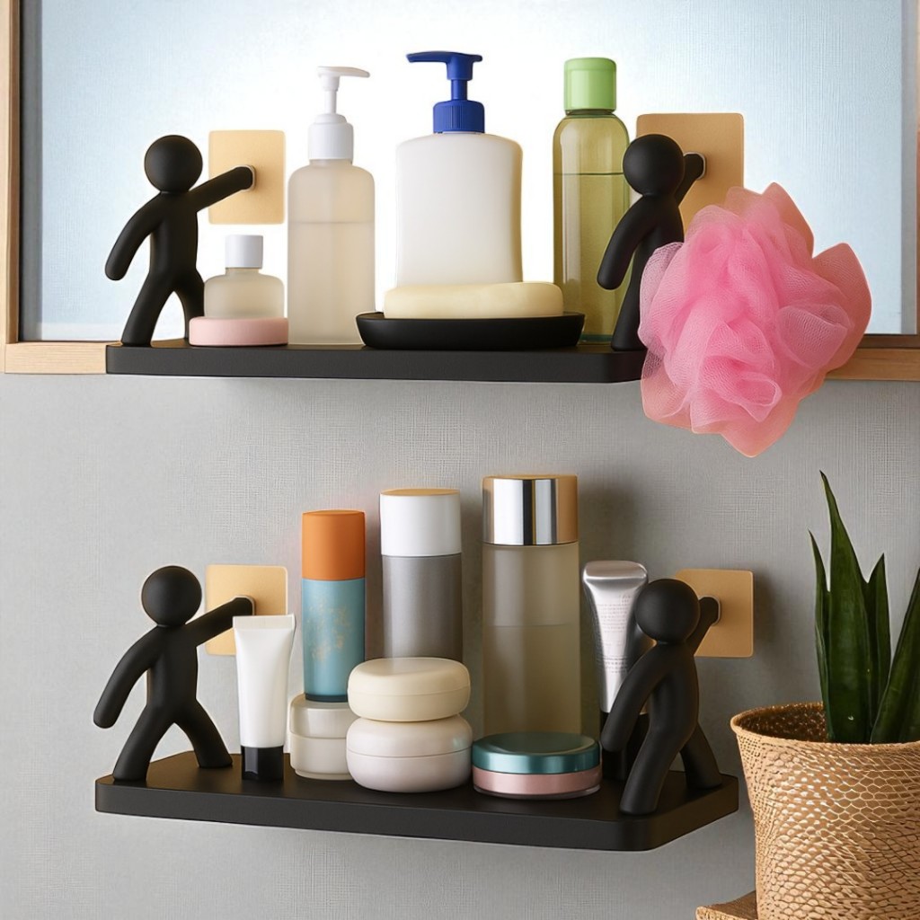 1 ou 2 Suportes Adesivos com Prateleira e Boneco – Para Banheiro, Cozinha ou Quarto