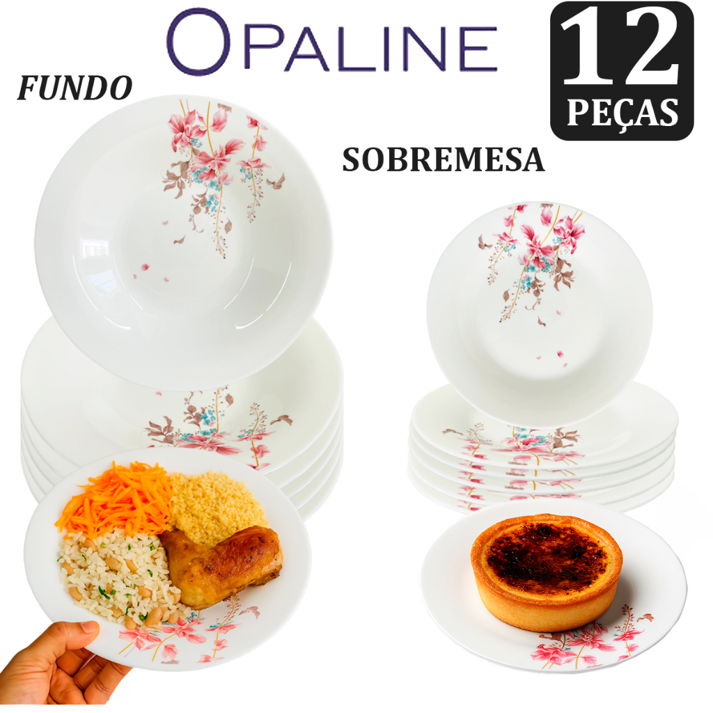 Kit 12 Unidades 06 Pratos Fundo Opaline Decorado + 06 Pratos Sobremesa Opaline Decorado Restaurante