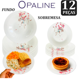 Kit 12 Unidades 06 Pratos Fundo Opaline Decorado + 06 Pratos Sobremesa Opaline Decorado Restaurante