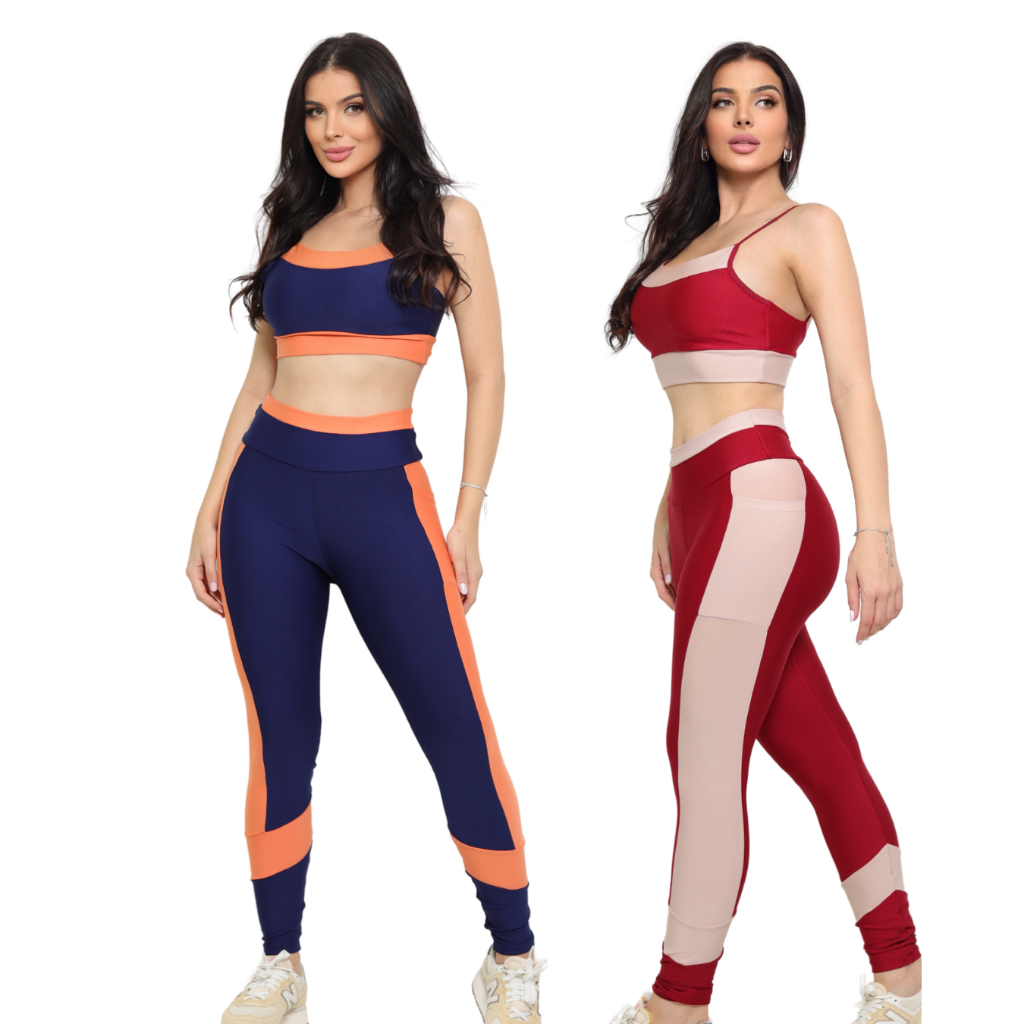 Kit  Com 2 Conjuntos Para Academia Moda Fitness Confortavel Calça Legging Com Bolso E Top Cropped Costa Nua