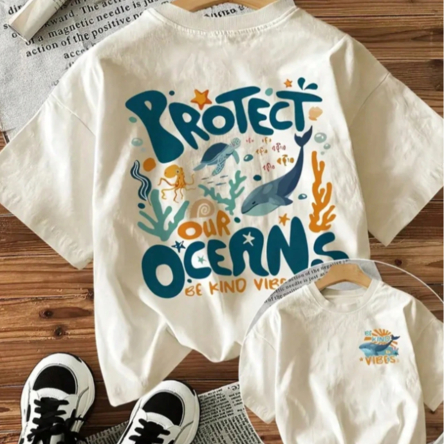 Camiseta Oversized Algodão Protect Oceans Estampado Minimalista Verão Tendência