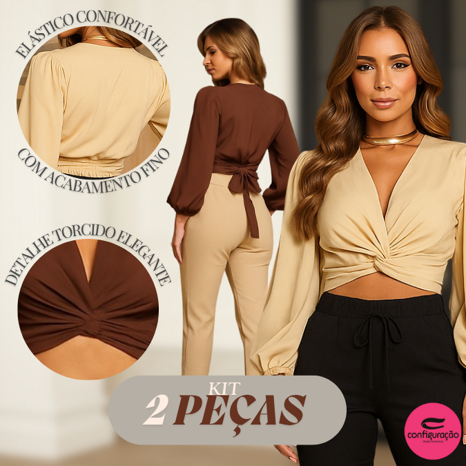 Kit 2 Blusa Feminina Manga Longa com Amarração nas Costas Decote Torcido Social Casual