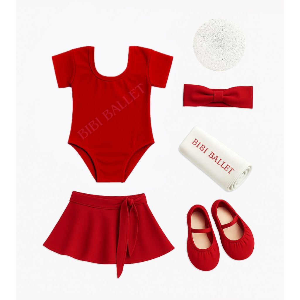 Kit Ballet Infantil - 6 itens/ uniforme para dança (Saia Transpassada e Collant com Manga) - VERMELHO E MEIA/REDE BRANCA