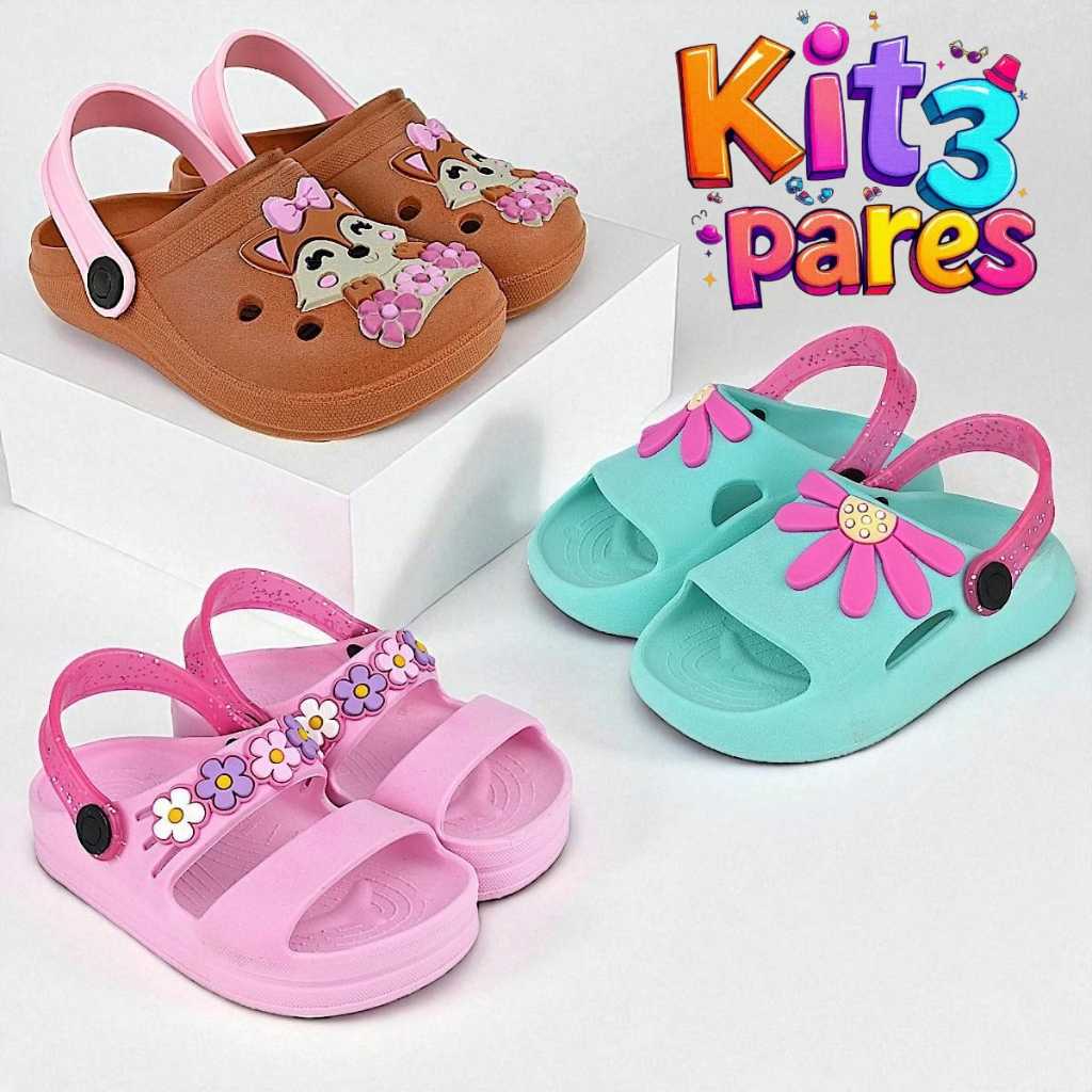 Kit 3 Pares Sandália Babuche Infantil Menina Confortável