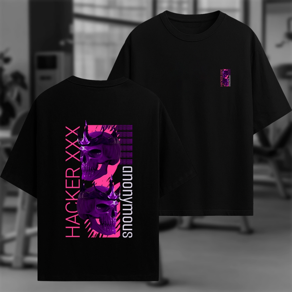 Camiseta Masculina ou Feminina Oversized Hacker XXX Caveira Roxa Cyberpunk Streetwear Promoção