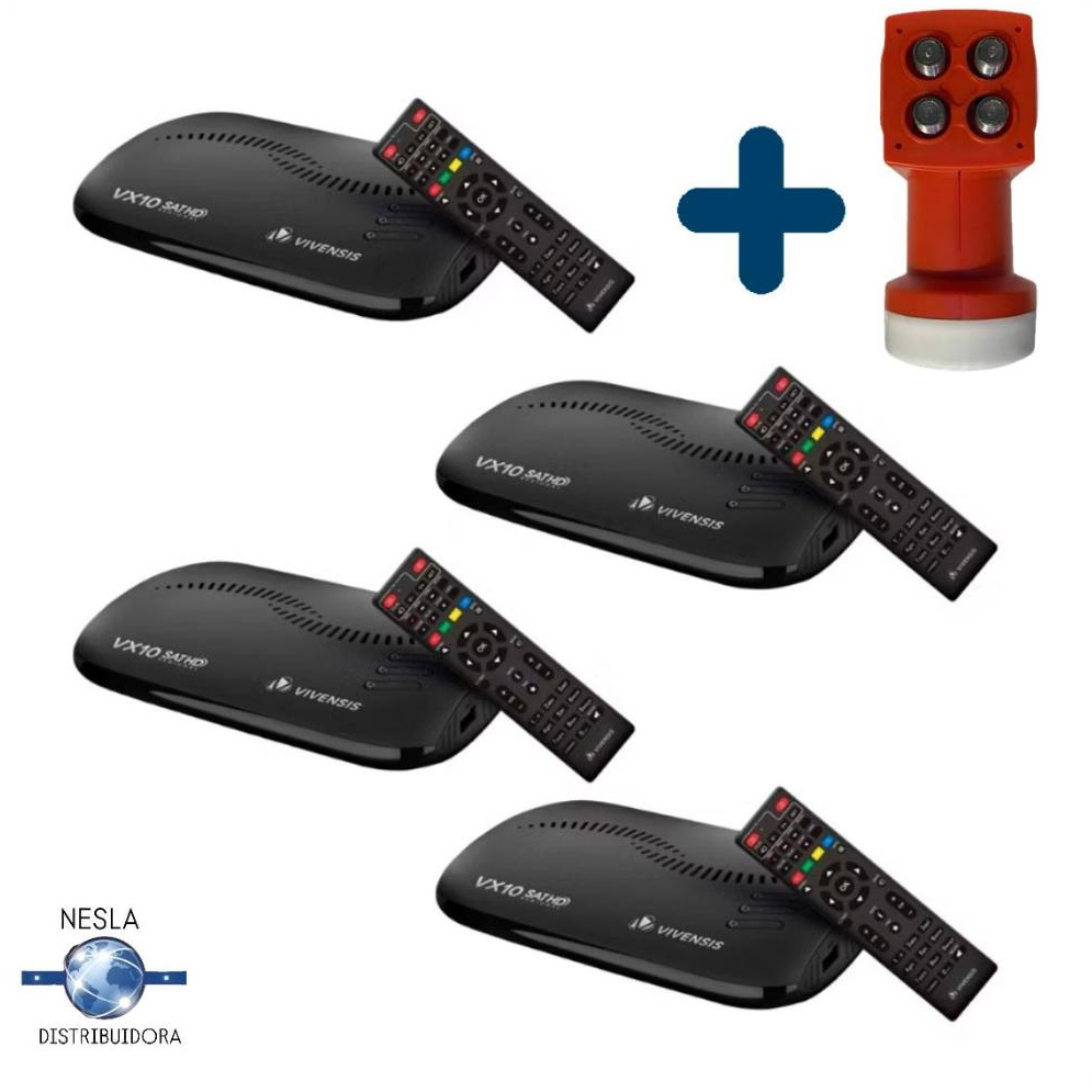 KIT - 4 RECEPTOR VX10 NOVA PARABÓLICA DIGITAL VIVENSIS + LNBF QUADUPLO UNIVERSAL VIVENSIS ALTO GANHO