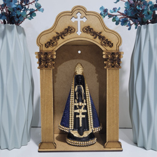 Capela Oratório em Madeira com Imagem de Nossa Senhora Aparecida Azul – 15cm em Oferta na Shopee