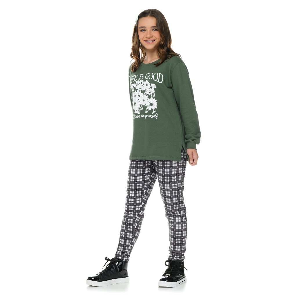 Conjunto Infantil Feminino Moletom e Legging Xadrez – Verde ou Preto – Tamanhos 10 ao 14 anos em Oferta na Shopee
