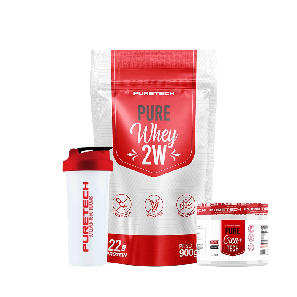 Imagem Kit 2x Whey Pure 2W 900g + 2x Pure Crea+Tech 96g + Coqueteleira 700ml - Puretech