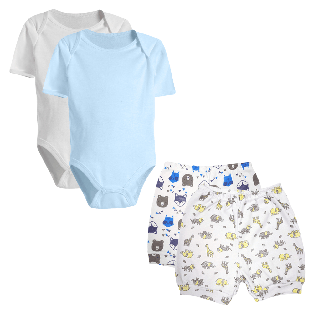 Kit Roupa de Bebê 4 Peças Body Manga Curta e Short Estampado