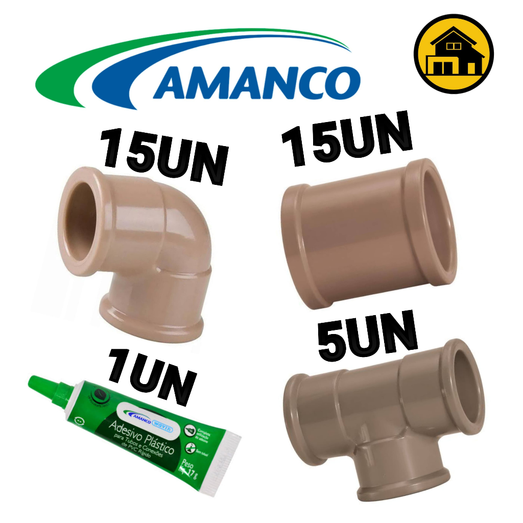 Kit 35 Conexões de Água Amanco 25mm 3/4 15 Joelho/Cotovelo + 15 Luvas + 05 Tee + 01 Cola Pvc