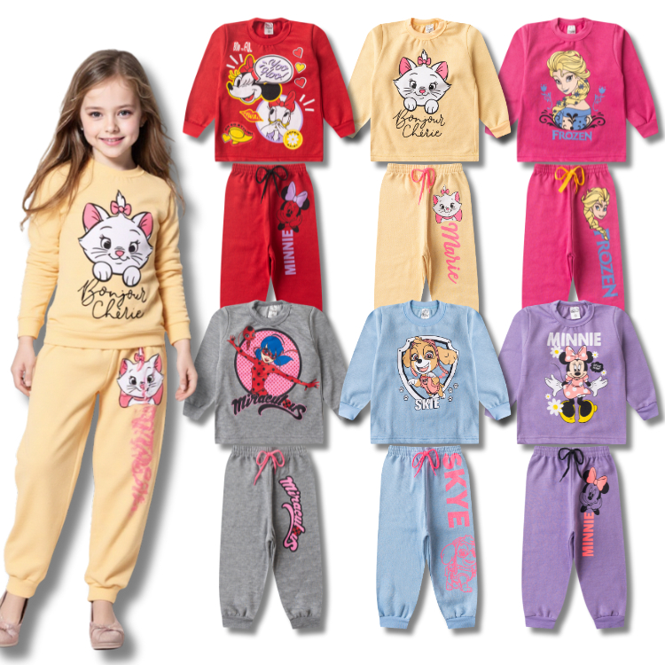 Kit Sortido 6 peças 3 Conjuntos Moletom Feminino Infantil Inverno -  3 Casacos + 3 Calças Menina