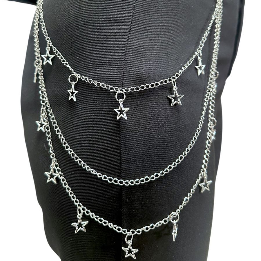 Corrente de Estrelinha - Corrente de Calça três camadas com pingente de estrelas pequenas prata