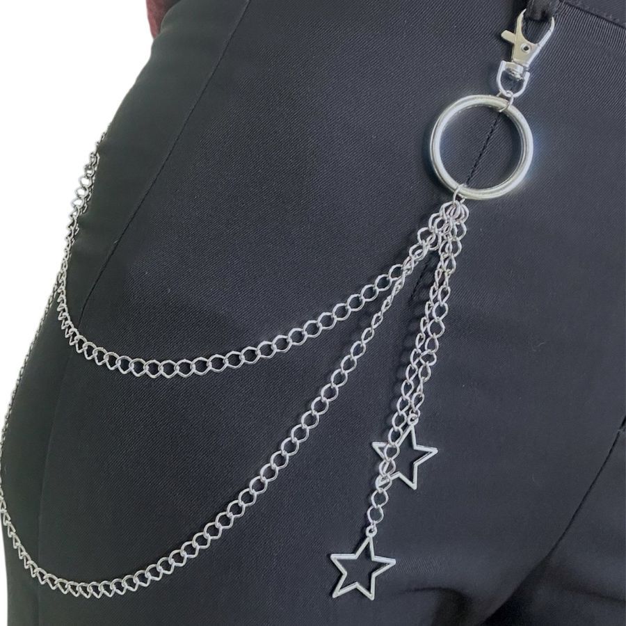 Corrente 2 Estrelas - Corrente de Calça duas camadas com pingente de estrela caídas com Argola
