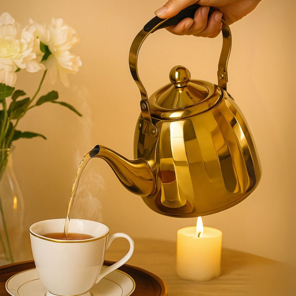 Bule Dourado Inox 1L Indução e Gás – Chaleira Elegante para Chá / Café, com Infusor