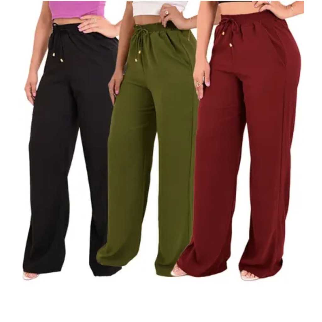 KIT 3 PEÇAS CALÇA PANTALONA FEMININA CINTURA ALTA COM BOLSOS