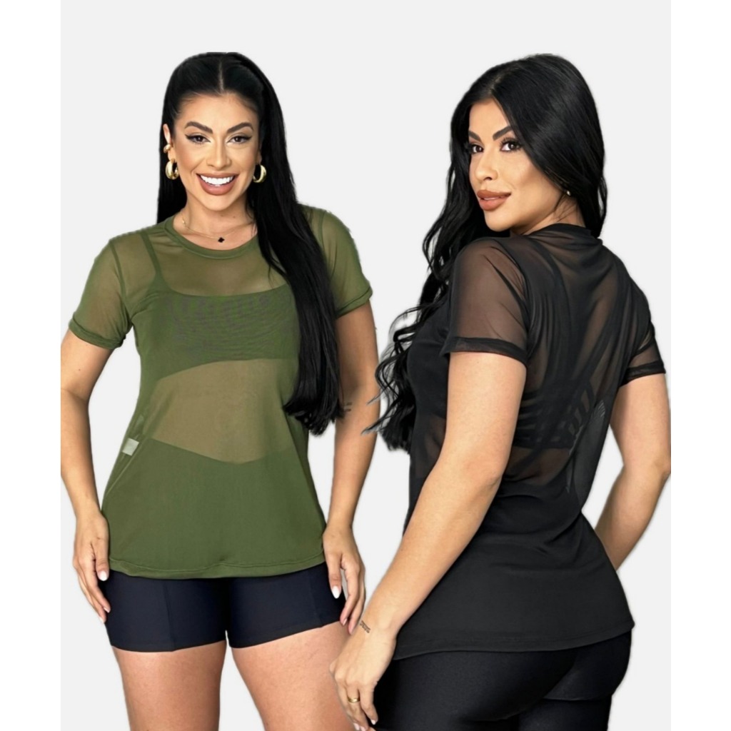 Blusa feminina de tule transparente academia fitness, camisão fitness