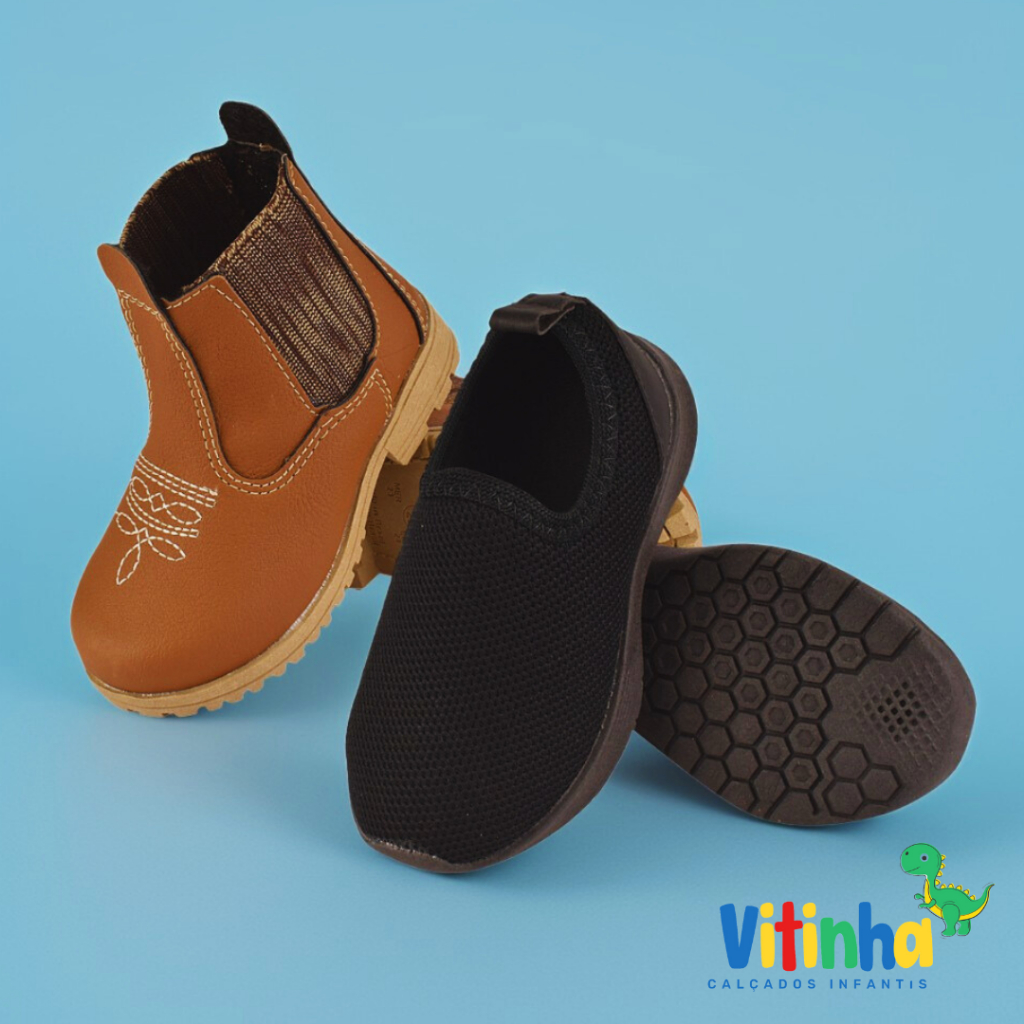 KIT 2 PARES - Bota Masculina Jeca e Tenis Calce Facil Infantil Menina Criança Juvenil Barato Escolar